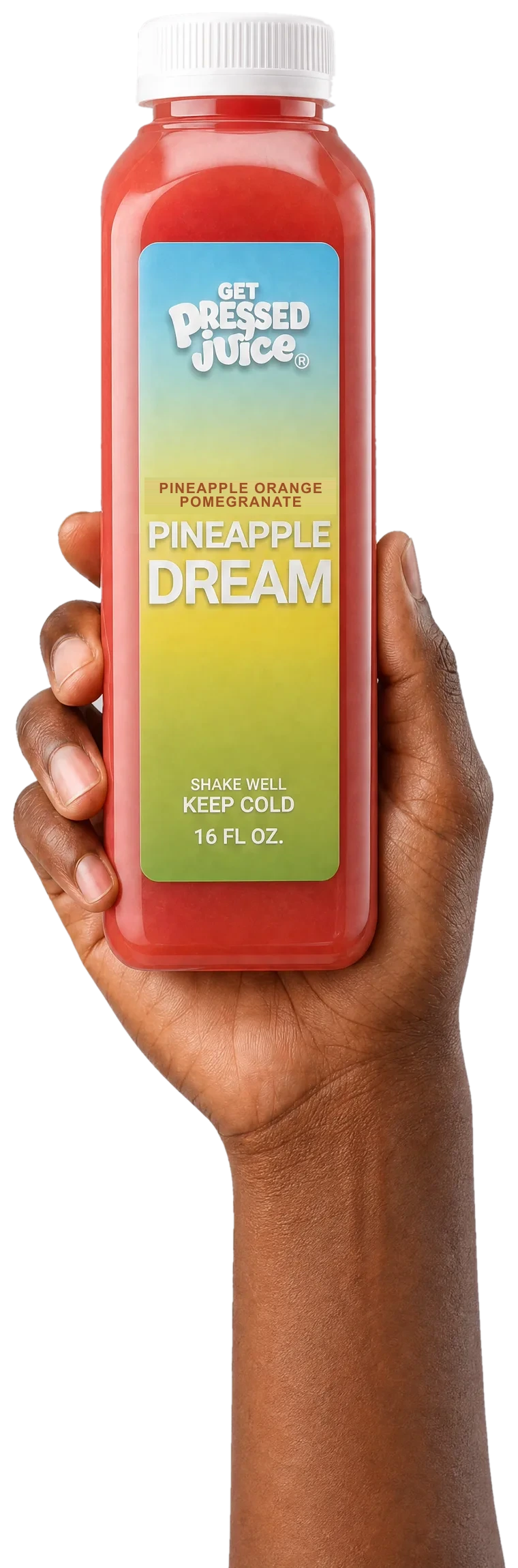 Hand holding a bottle of Get Pressed Pineapple Dream juice